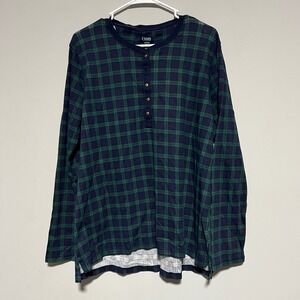 Chaps Mens Plaid Henley Long Sleeve Shirt XXL Navy Green Button Crew Neck